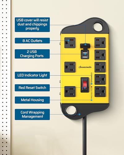 DEWENWILS Garage Power Strip Wall Mount, Wide Space 8-Outlet Industrial Power Strip with 2 USB, Metal Surge Protector 1440J, 14AWG 6FT Heavy Duty Extension Cord for Garage, Workshop, Yellow - size: 72 inches