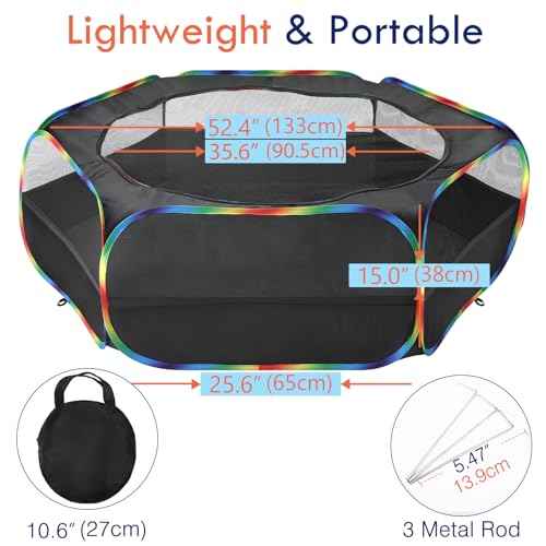 Pawaboo Small Animals Playpen, Waterproof Small Pet Cage Tent with Zippered Cover, Portable Outdoor Yard Fence with 3 Metal Rod for Chick/Kitten/Puppy/Guinea Pig/Rabbits/Hamster, Black + Rainbow - color: N-Black + Rainbow