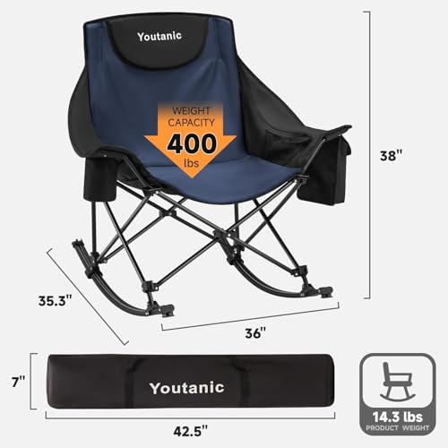Youtanic Oversized Folding Rocking Camping Chair, Padded Portable Rocking Chair with Pockets, Cup Holder and Carry Bag, Heavy Duty Outdoor Rocker Patio Chair for Garden, Lawn, Up to 400lbs, Navy Blue - color: Navy Blue-black