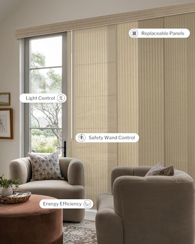Graywind Manual Sliding Panels Natural Woven Panel Track Blinds Wand Control Window Blinds for Patio Sliding Glass Door Large Windows Width Up to 153", Custom Size (Wheat) - color: Natural Wheat