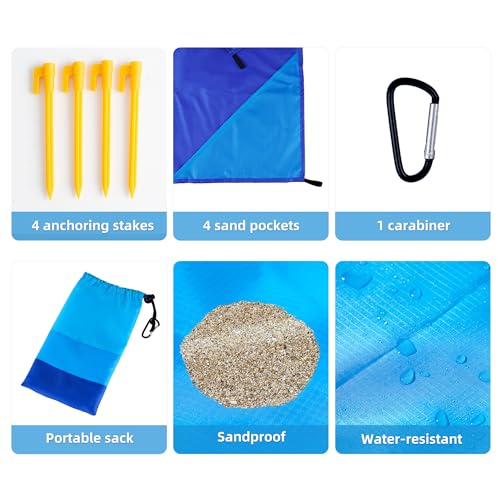 Best Season Beach Blanket Extra Large 108"*118" with 2 Pillows Waterproof Sandproof Beach Mat Lightweight Compact Quick Drying with 4 Stakes&4 Corner Pockets for 1-8 Adults for Camping Picnic Hiking - color: 5-blue Stripe, size: 108"*118"