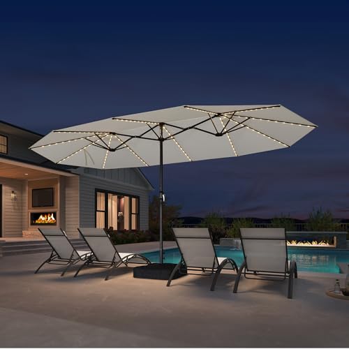 PURPLE LEAF 15ft Patio Market Umbrella with Solar LED and Base Double-Sided Rectangle Outdoor Table Sun Umbrellas with Crank for Pool Beach Deck Backyard Cream - color: Cream, size: 15' X 9' with Lights