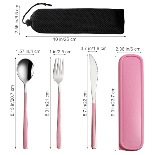 VANRA 3-Piece Portable Travel Utensils Set with Case 18/8 Stainless Steel Flatware Set Reusable Cutlery Set with Fork Spoon Knife for Lunch Travel Camping School Work Picnic (Pink) - color: Pink, size: Fork Spoon Knife