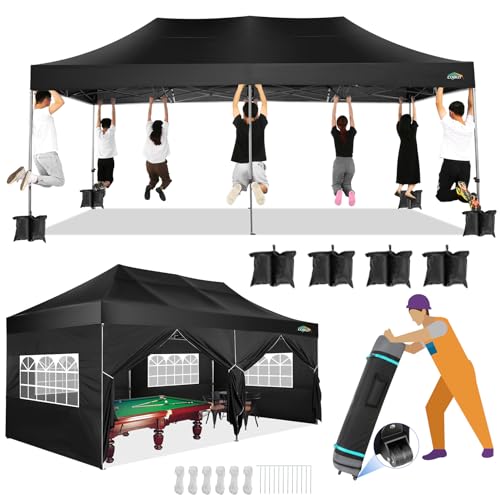 COBIZI 10x20 Canopy with Sidewalls, Heavy Duty Party Tent Pop up Canopy, Tents for Parties, Wedding, Outdoor Easy up Foldable Portable Canopy Tent with Wheeled Bag, Black(Windproof Upgrade) - color: Black, size: 10x20 With Sidewalls