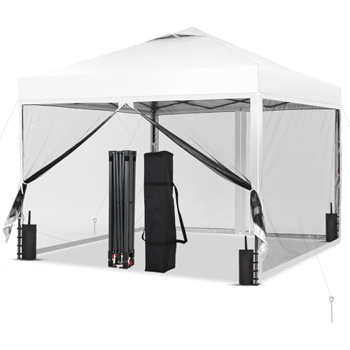 GDY 10x10 Pop up Canopy Tent with Mosquito Netting, Easy up Gazebo for Patio, Camping and Garden, Includes 4 Sandbags, White - color: White, size: 10x10 with Mosquito Netting