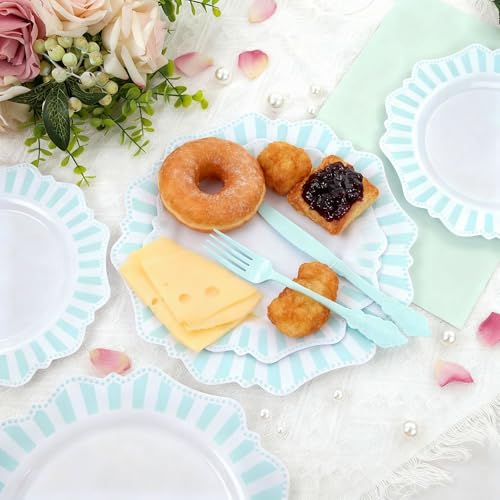COLOSUS 150pcs Disposable Blue and White Striped Easter Plastic Party Plates and Silverware set, Light Blue Dinner/Dessert Plates silverware serve 30guests for Birthday, New Year and Daily use. - color: white+light blue