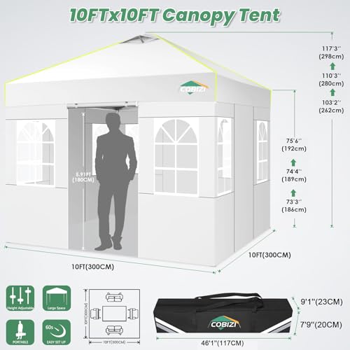 COBIZI 10x10 Pop Up Canopy Tent with 4 Removable Sidewalls, One Push Party Tent Outdoor Waterproof Event Canopy with Air Vent for Parties Commercial Wedding, 3 Height, Carry Bag, Sandbag, White - color: White, size: 10x10【with 4 sidewalls】