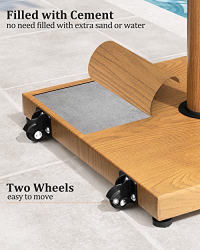 45lbs Patio Umbrella Base with Wheels, Heavy Duty Fringe Umbrella Stand Pre-Filled Concrete, No Sand/Water Needed, Fits 6-12ft Umbrella, Wind-Resistant for Deck, Poolside, Balcony - color: Teak