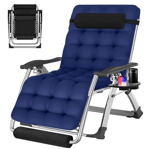 ABORON Oversized Zero Gravity Chair,29In XL Premium Outdoor Lawn Folding Lounge Chairs,Sturdy Adjustable Reclining Patio Chairs with Removable Cushion,Headrest & Tray - color: Upgrade Sea Blue