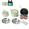 Odoland 15pcs Camping Cookware Mess Kit, Non-Stick Lightweight Pot Pan Kettle Set with Stainless Steel Cups Plates Forks Knives Spoons for Camping, Backpacking, Outdoor Cooking and Picnic - style: Green