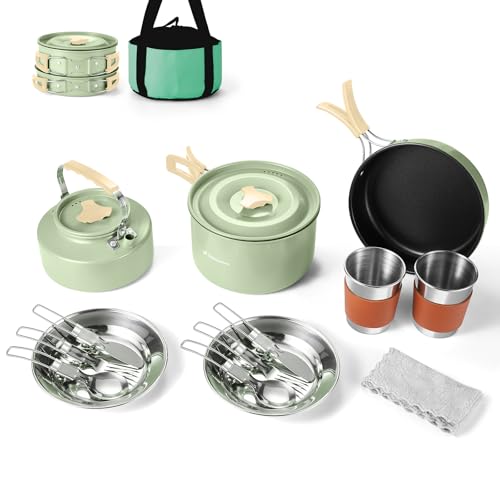 Odoland 15pcs Camping Cookware Mess Kit, Non-Stick Lightweight Pot Pan Kettle Set with Stainless Steel Cups Plates Forks Knives Spoons for Camping, Backpacking, Outdoor Cooking and Picnic - style: Green