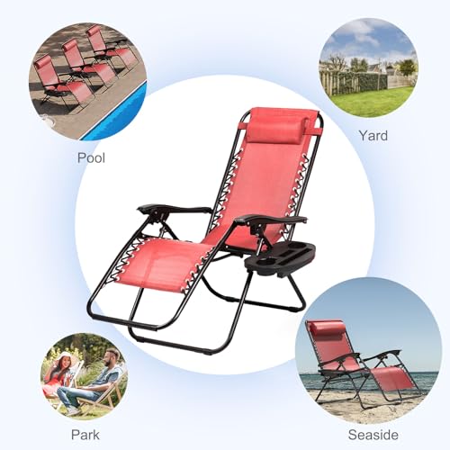 Nazhura Set of 2 Relaxing Recliners Patio Chairs Adjustable Steel Mesh Zero Gravity Lounge Chair Beach Chairs with Pillow and Cup Holder Khaki (Pink) - color: Pink