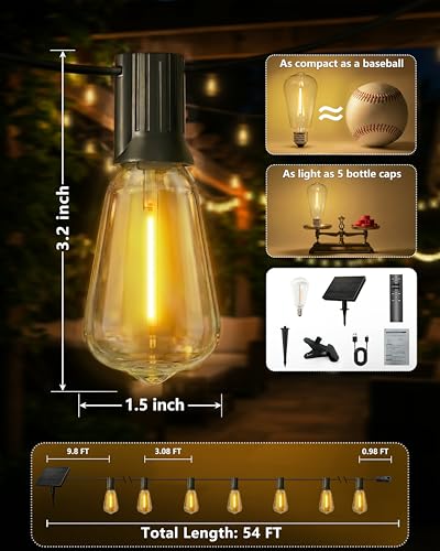 54FT Solar String Lights Outdoor, Dimmable Patio Lights Solar Powered with Remote & USB Port,15+1 LED Shatterproof Bulbs, IP65 Waterproof, ST38 LED Solar Light for Backyard, Camping - size: 54FT (15Bulbs)