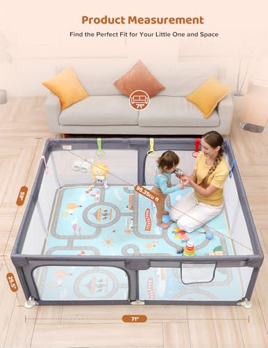 Dripex Baby Playpen with Mat, 71"x59" Play Pen for Toddlers 1-3 Years, Soft Breathable Visible Mesh, Indoor/Outdoor Portable Play Yard with Mat, Safe Baby Fence Play Area, Grey - color: Grey, size: 71"×59" with Mat