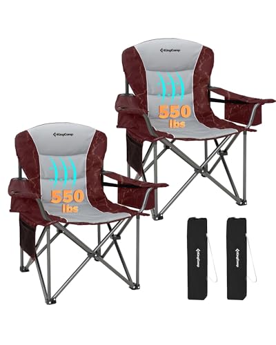 KingCamp Oversized Camping Folding Chair, Heavy Duty 450 LBS with Lumbar Support, Padded seat with Cup Holder&Cooler Bag, Ideal for Camp, Fishing, Sports Event, Backyard, Patio, Lawn - color: Grey/Red-2 Pack