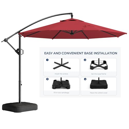 HOMSHADE 10ft Patio Umbrella with Base Included, Cantilever Umbrella UPF50+ UV Protection with Easy Tilt and Crank for Pool Deck and Garden(Red) - color: Red
