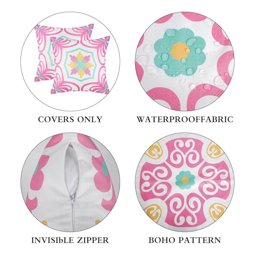 Pyonic Spring Summer Outdoor Pillows Waterproof Throw Pillow Covers Set of 4 Pink Green Floral Printed and Boho Farmhouse Outdoor Pillow Covers for Patio Funiture Garden 18x18 Inch - color: Pink, size: 18" x 18" (Pack of 4)