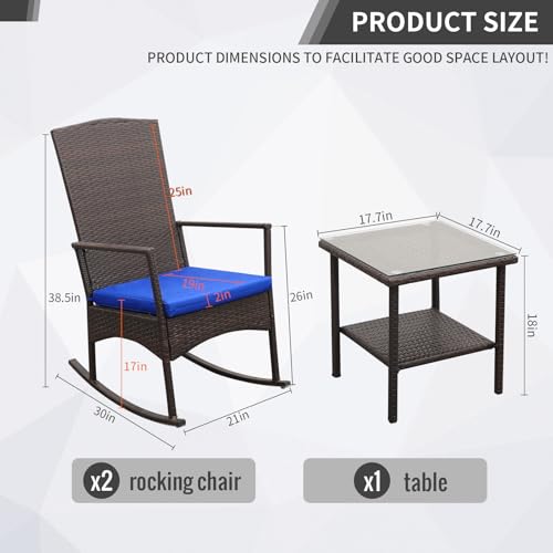 Oasishine Rocking Chair Outdoor 3 Pieces High-Backed Patio Rocking Chairs Bistro Table and Chairs Set of 2, Royal Blue - color: Royal Blue