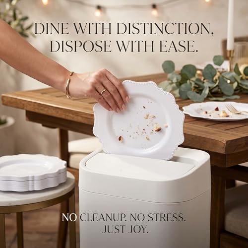 COLOSUS 100 pcs White Plastic Plates Set,Fancy Beaded Plates-European Retro plates include 50 dinner plates and 50 dessert plates,Plastic Disposable plates for BBQ and Party - color: White