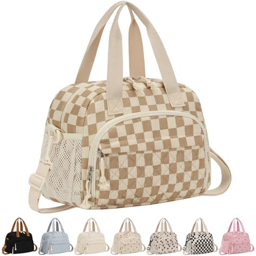 ELONGRIVER Corduroy Insulated Lunch Bag for Women Teen Girls, Portable Adult Lunch Box, Reusable Tote Cooler Bags, Lightweight Womens Lunch Bags with Front Pockets Work Picnic Travel,Khaki Checkered - color: Khaki Checkered