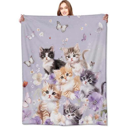 Adorable Kitten Blanket Cute Cat and Butterfly on Lavender Throw Blankets Gifts for Girls Women Adults Lightweight Soft Fleece Cozy for Sofa Couch Bed Room Travel Birthday Decor 40x50in - color: Cat, size: 40x50in
