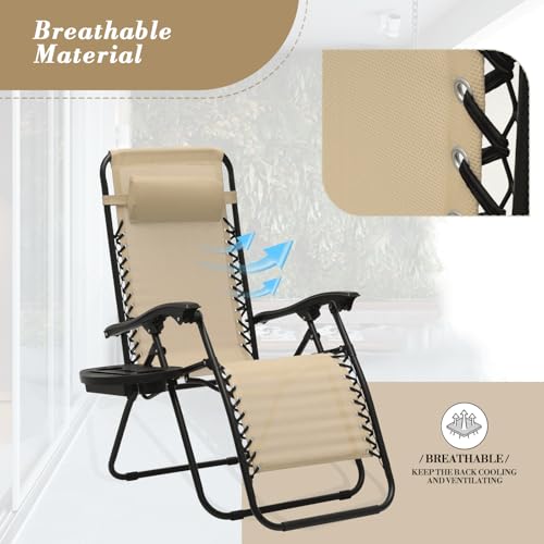 Athena Collection Zero Gravity Outdoor Lounge Chair Set of 2 with Side Table, 25" Width Pool Lounge Lawn Chairs Reclining with Cup Holder, Outdoor Chaise for Beach Patio Backyard Outside, Beige - color: Beige, style: 25" Width