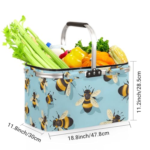 Picnic Basket, MARYHFENVA Shopping Basket with Handle 40L Collapsible Grocery Basket Portable Folding Laudry Basket for Travel Camping Reusable Market Bag - color: Bee(style 4)