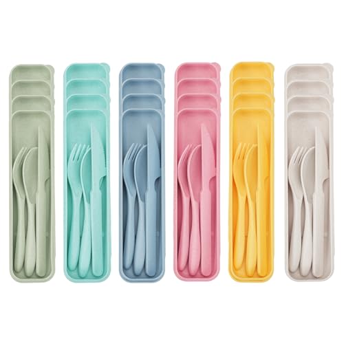 24 Sets Travel Utensils Set with Case, Reusable Spoon Knife Forks Tableware, Portable Plastic Cutlery Set Lunch Box for School Lunch Picnic Camping Daily Use (6 Colors)