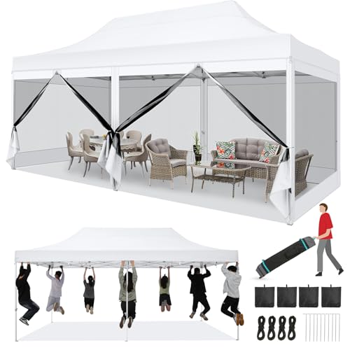 COBIZI 10x20 Heavy Duty Pop Up Canopy Tent with 6 Sidewalls, Easy Set Up Outdoor Waterproof Screen Commercial Party Tent with Mosquito Netting for Parties Backyard Patio, Roller Bag, White - color: White, size: 10x20FT