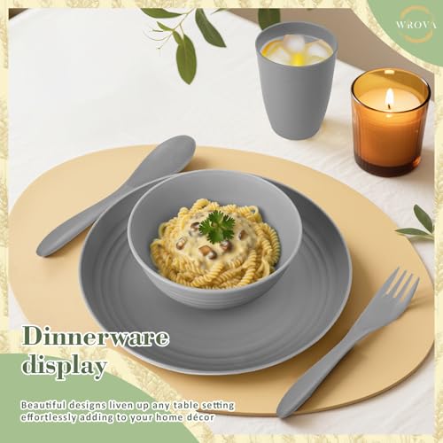 Wrova Wheat Straw Dinnerware Sets of 20,Dishwasher Safe Kitchen Plates and Bowls Sets,Camping Dishes Sets Contains Dinner Plates,Cereal Bowls,Drinking Cups and Flatware.(Grey) - color: Gray, size: 20 Pack