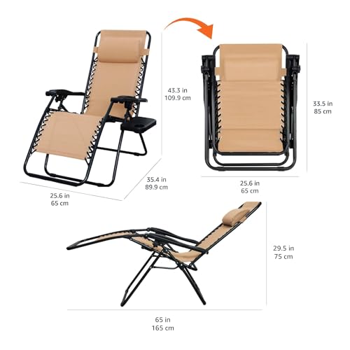 Amazon Basics Outdoor Textilene Adjustable Zero Gravity Folding Reclining Lounge Chair Set with Cup Holder, Side Table, Headrest, Weather-Resistant, 35 x 26 x 43 inches, Beige, 2-Pack - color: Beige