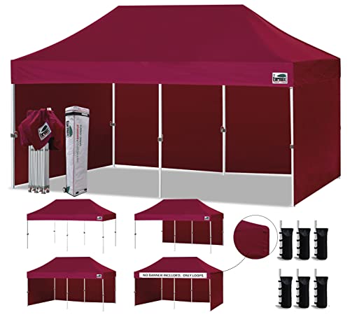 Eurmax USA 10x20 Pop Up Canopy Tent,Commercial Tent with Patented No-Tip Rolling Bag,4 Zippered Removable Walls,UV & Water Resistant Canopy Top,Heavy Duty Outdoor Gazebo,Instant Shelter(Burgundy) - color: burgundy, size: 10x20