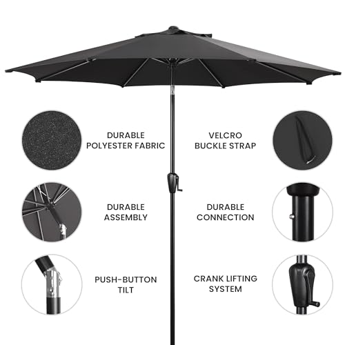 Sun-Ray 9' Round Patio Umbrella with Push-Button Tilt and Hand Crank Lift System, Market Umbrella for Porch, Deck, and Patio - color: Black