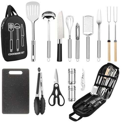Camping Cooking Utensils Set, Stainless Steel Grill Tools, Camping BBQ Cookware Gear and Equipment for Travel Tenting RV Van Picnic Portable Kitchen Essentials Accessories - color: Black-16 PCS
