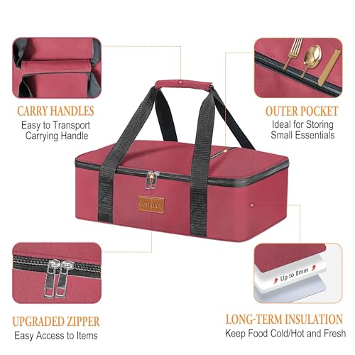 Insulated Casserole Carrier for Hot or Cold Food Fits 9"X13" Casserole Dish, Insulated Casserole Carry Bag for Travel/Picnic/Party, Durable Nylon, Burgundy, Leak-Proof, Single Layer - color: Crimson - 1