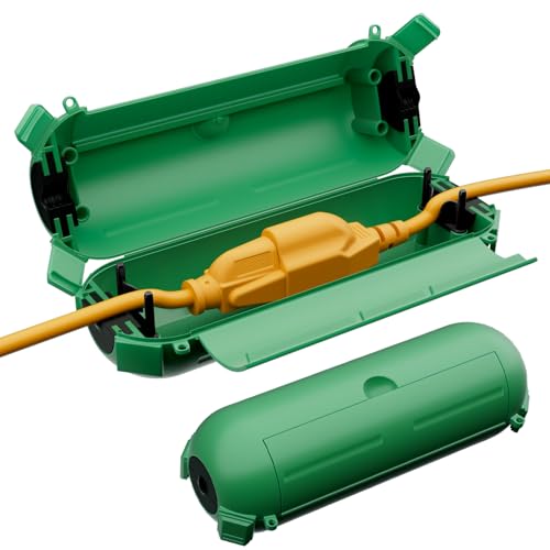 Restmo 2 Pack Mini IP44 Waterproof Outdoor Connection Box with Lockable Latches and Mounting Holes, Weatherproof Extension Cord Safety Cover for Outdoor Plugs, Lights, Cables, Wires, Size Small, Green - color: Green, size: 2 Pack