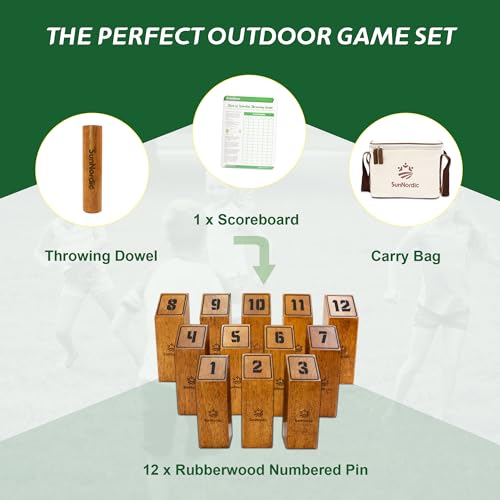 SunNordic Wooden Throwing Game Set, Numbered Block Toss Games with 1 x Scoreboard,12 x Premium Rubber Wood Pins & 1 x Dowel, Outdoor Backyard Lawn Bowling Yard Game for Kids, Adults & Family - color: Yellow Brown