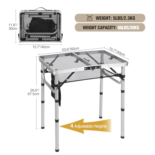 REDCAMP Small Folding Grill Table for Outside, 2Ft Lightweight 4 Height Adjustable Portable Metal Table with Mesh Desktop, Outdoor Table for Camping Picnic Beach and BBQ, Silver - color: Silver, size: 24"x16"