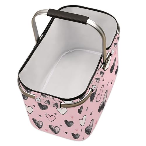 Love Heart Picnic Basket Colorful Heart Large Collapsible Market Baskets Portable Reuasble Shopping Bags with Handles for Camping Beach Travel - color: Beige