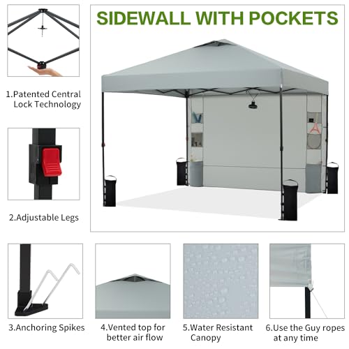 Tunbne 10'x10' Pop Up Canopy Tent with 1 Sidewall and 6 Pockets, One Push Setup, Instant Shade Tent with Vented Roof for Beach Patio Outdoor, Case, 8 Stakes, 4 Ropes, 4 Sandbags (Light Gray, 10x10) - color: Light Gray, size: 10x10