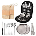 Camping Cutlery Set, 12-Piece Stainless Steel with Plates and Case, Portable Outdoor Dining Kit, Silver