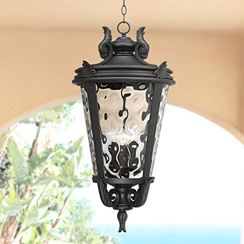 John Timberland Casa Marseille European Outdoor Hanging Ceiling Light Textured Black Scroll 30" Clear Hammered Glass Damp Rated for Exterior House Porch Patio Outside Deck Garage Front Door Home - color: Black, size: 30" High