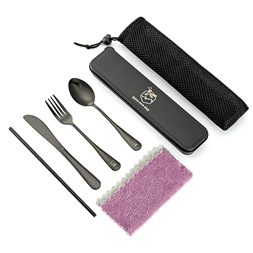 Boulder Bee | Travel Utensils Set | Reusable Camping Cutlery Set | Stainless Steel Flatware Set | Portable Silverware Set with Case | Includes Knife/Fork/Spoon/Straw/Cleaning Cloth/Case (Black) - color: Black