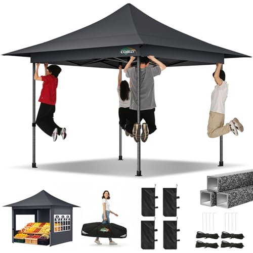 COBIZI 13x13 Pop Up Canopy Tent Heavy Duty with Sidewalls & Auto-Extending Eaves Outdoor Gazebo Easy Up for Backyard Party Commercial Events, All Weather Waterproof UV 50+ (Leg Upgraded) Gray - color: Gray, size: 13x13ft