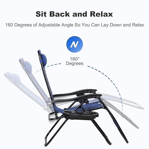 Nazhura Set of 2 Relaxing Recliners Patio Chairs Adjustable Steel Mesh Zero Gravity Lounge Chair Beach Chairs with Pillow and Cup Holder (Blue) - color: Blue