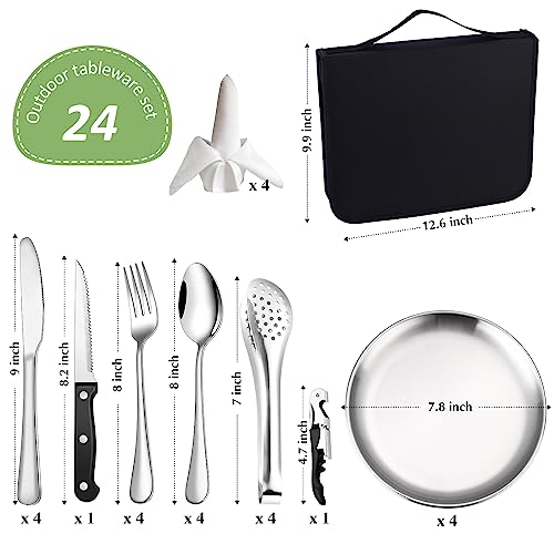 Camping Silverware Kit Cutlery Organizer Utensil Picnic Set Stainless Steel Plate Spoon Clip and Serrated Knife Wine Opener Fork Napkin Hiking - Camp Kitchen BBQ’s - color: Camping Silverware Set-24set