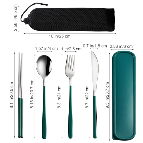 VANRA 4-Piece Portable Travel Utensils Set with Case 18/8 Stainless Steel Flatware Set Reusable Cutlery Set with Fork Spoon Knife Chopstick for Lunch Travel Camping School Work Picnic (Deep Green) - color: Deep Green, size: Fork Spoon Knife Chopstick