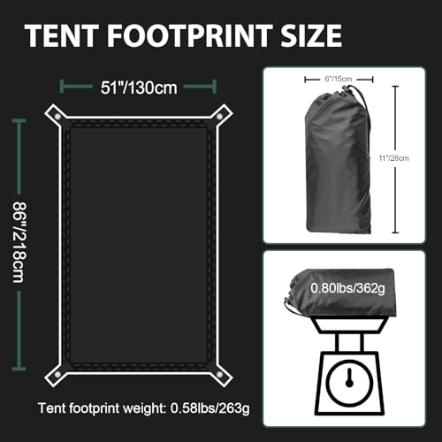 KRUI Tent Footprint, PU 2000 Waterproof Camping Tarp, Durable Tent Floor Saver for Hiking, Backpacking, Hammock, Beach and Picnic - size: 1-2 Person - 86“ x 51”