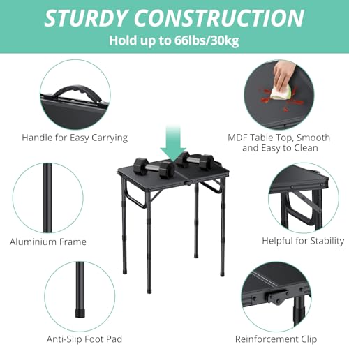VINTEAM Camping Folding Table with Adjustable Height, Lightweight Portable Outdoor Picnic Table, BBQ Grill Side Table, Durable Aluminum Frame, MDF Desktop for Camping, Fishing, RV, Beach (Black) - style: 2-Fold MDF Tabletop