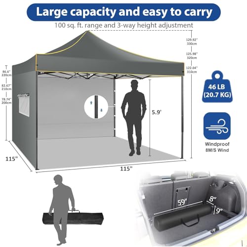 COBIZI 10x10 Heavy Duty Pop up Canopy Tent with 4 Removable Sidewalls, Ez Pop up Canopy with Portable Bag, Commercial Gazebo Waterproof Sunshade for All Weather Party Camp Stall Patio - color: Gray, size: 10x10ft